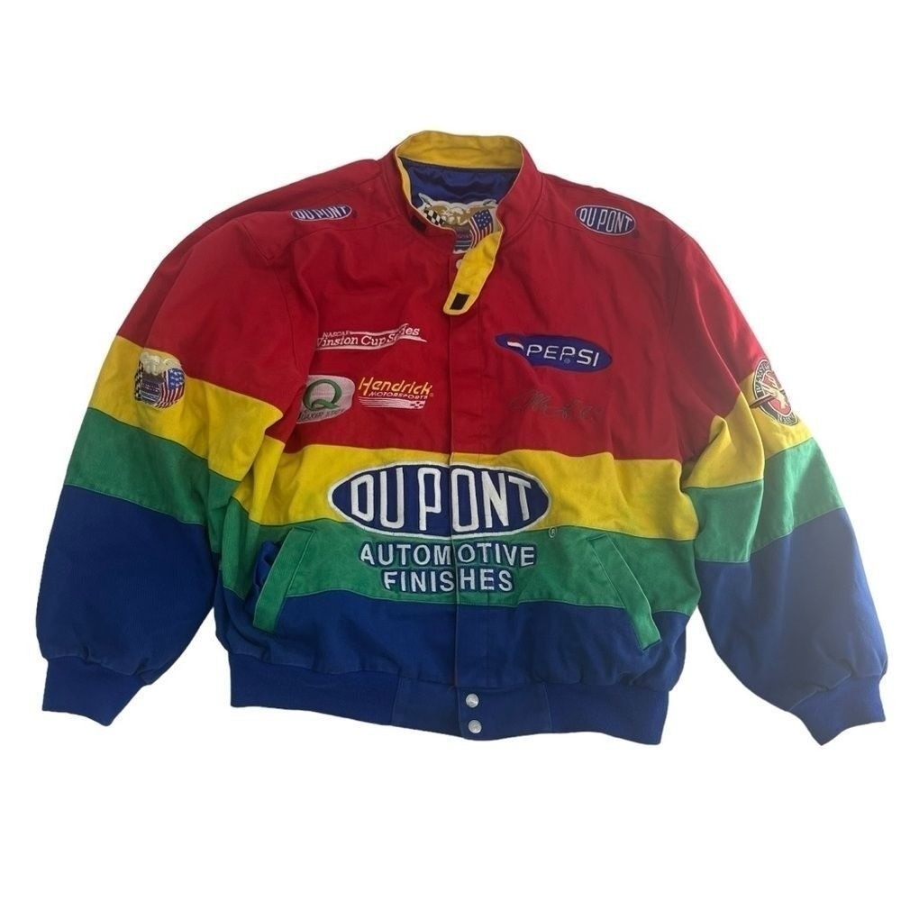 Vintage Jeff Hamilton Nascar Jacket Mens Large Red Multicolor Du Point Racing